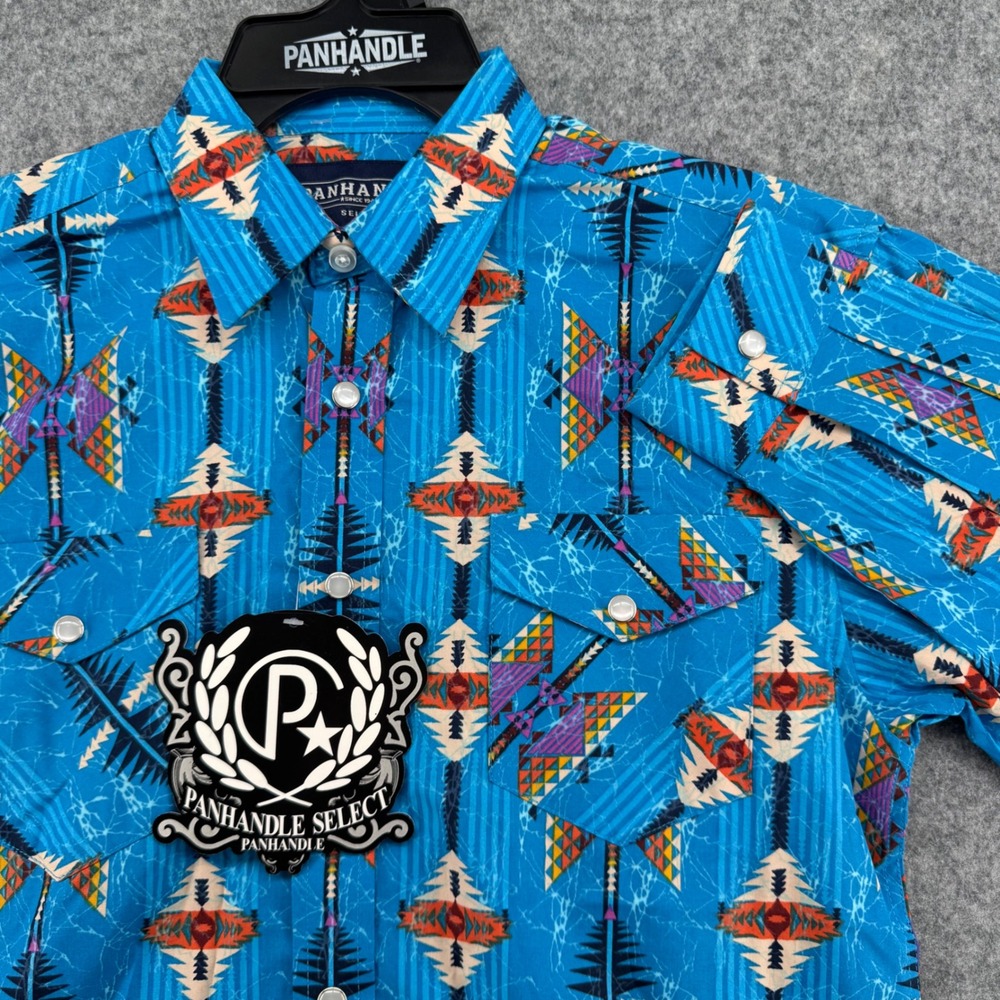 Panhandle Select Western Snap Shirt Boys L Bright Turquoise Southwestern Print